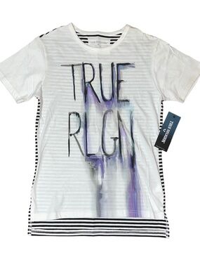 True Religion White Purple Black Short Sleeve Logo Sketch Shirt NWT Medium
